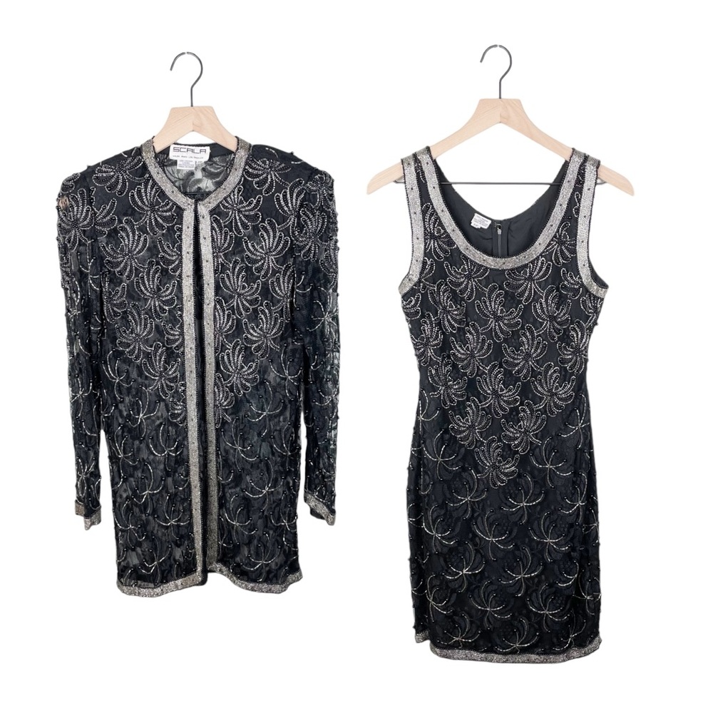 Vintage Scala Beaded Embellished Formal Dress with Jacket Black Silver Size PP